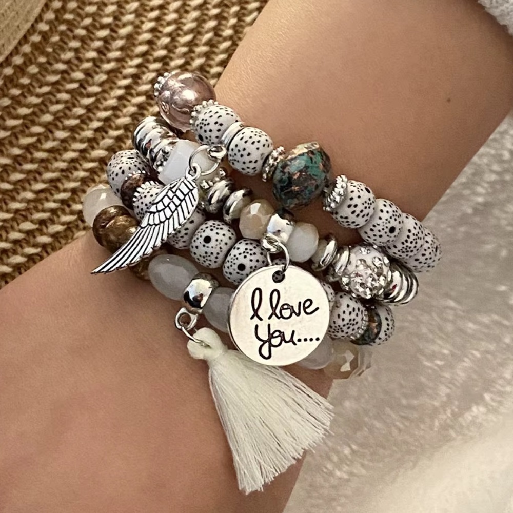BOHO Stretchy Stackable Beaded Silver & Gold Tone 'I Love You' Charm Bracelet